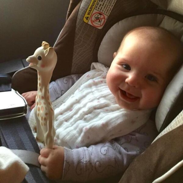 Travel Car Seat Mom - A baby in a car seat with a giraffe toy contemplates the worth of flying with a car seat base.